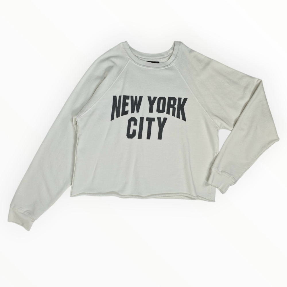 Free People Retro Brand “New York City” Crew Sweatshirt M White Cotton Raw Hem
